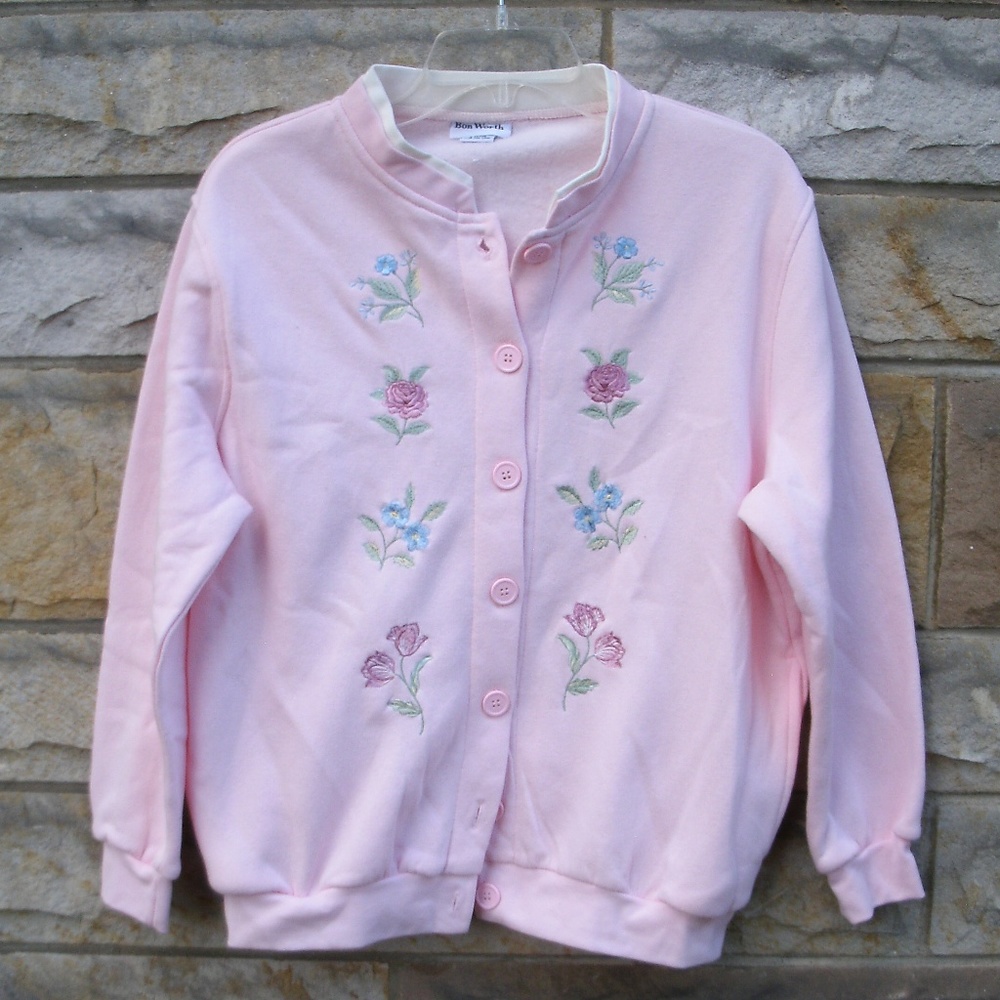Pink Embroidered Floral Button Down Top Sweatshirt